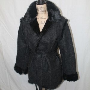 Hugo Buscati Black w/ Grey Rabbit Fur Wrap Coat